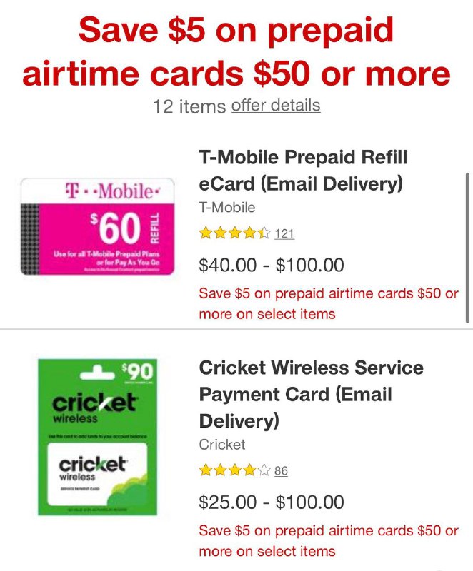 Save $5 on prepaid airtime cards $50 or more(Email Delivery)#prepaid #target✅ target.com/pl/509091518 • Offer expires 2/20/2021 at 11:59pm PT. • Verizon、AT&T、T-Mobile、Cricket、Boost Mobile、Total Wireless、Simple Mobile、Tracfone、Total Wireless、TracFone、Net10、H2O👉🏿 @DocOfCard