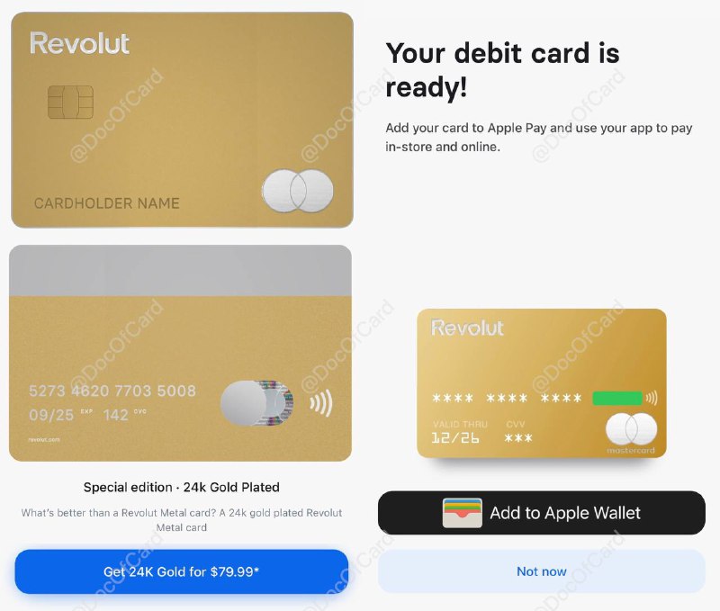 Revolut 推出24K镀金的金属卡#Revolut #金属卡 • 不需要Metal Plan即可订购 • Apple Pay显示为普通卡，不知是否bug • UK版£79.99，US版$79.99👀相关：Revolut EU/UK介绍👀相关：Revolut US 介绍👀相关：欧洲数字银行金属卡重量排行榜👀相关：美卡金属卡重量排行榜👀相关：内地银行金属卡重量排行榜👉🏿 @DocOfCard / 银行账户卡合集