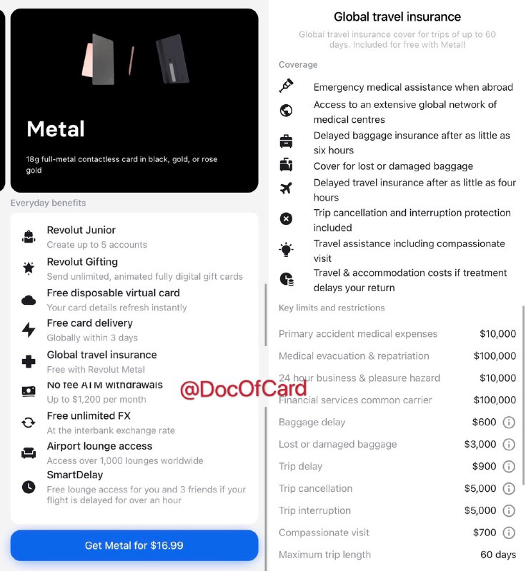 Revolut US重新上线Metal Plan#Revolut #Metal#631 8月5日更新：群友[DP]发现Revolut重新上线[Metal Plan] • $16.99/m or $149.99/y • Metal Fees • Spend in over 150 currencies at the interbank exchange rate • Exchange in 28 fiat currencies - no monthly limit with no hidden fees • Surcharge-free ATM withdrawals up to US$1200 per month • Overseas medical insurance • Delayed baggage & delayed flight insurance • Global express delivery • Priority customer support • Instant access to 2 cryptocurrencies • Exclusive Revolut Metal card(Designed with obsessive attention to detail and weighing 18g, crafted from a single sheet of reinforced steel) • Disposable virtual cards • LoungeKey Pass access • Free lounge passes for your and up to 3 friends if your flight is delayed >1 hour • Revolut Junior accounts for up to 5 kids • 1 free SWIFT transfer each month👀相关：Revolut US介绍👉🏿 👀所有银行账户卡合集👉🏿 @DocOfCard