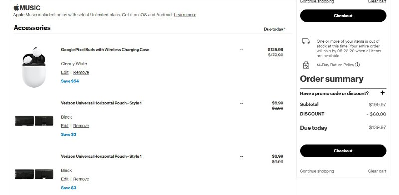 Verizon: New Google Pixel Buds $139.97#deal👉🏿 需要搭配一下才能满足优惠条件，通过TopCashBack有额外10%返现，注意购买前先清空Verizon购物车⓵ 通过 $10邀请链接 注册TopCashBack (已有账号跳过)⓶ 从 TopCashBack 链接进入Verizon (或安装Chrome插件，进入 Verizon Buds页面 后激活插件10%优惠，注意在当前tab页面完成所有购买操作，不要离开页面)⓷ 搜索Pixel Buds并加入购物车 1个⓸ 搜索$9.99的配件比如 Universal Horizontal Pouch 或 Yealink VZP59 Replacement Handset 加入购物车2个⓹ 看购物车总价格为 $139.97结账👉🏿 @DocOfCard