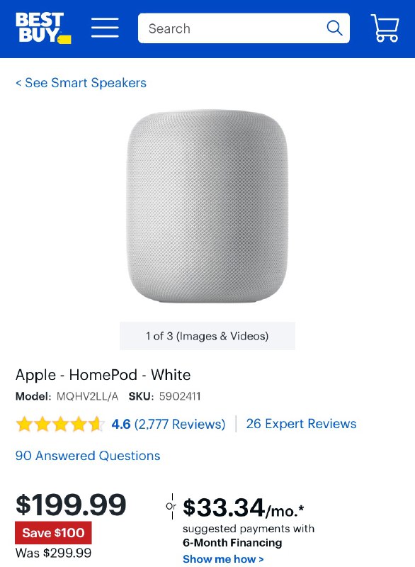 BestBuy.com has Apple HomePod Smart Speaker (Space Gray or White) on sale for $199.99. Shipping is free#deal👉🏿 建议通过 Rakuten(新用户邀请得$10) 或 TopCashback(新用户邀请得$10) 等返利网站链接购买有额外1%返现👉🏿 