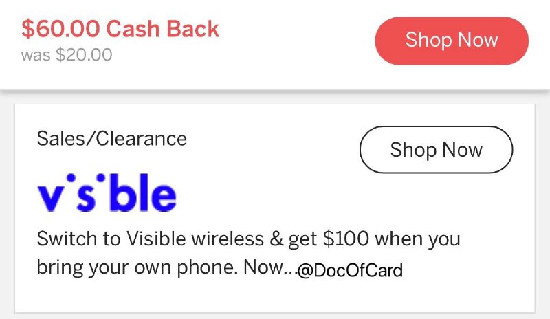 Visible BYOD 送$100#Visible🆕3/1更新：$60返现结束，现在只有$20🆕2/27更新：Rakuten的Visible返现再次涨到$60，持续到3月1日🆕更新：Rakuten 现在只有$25返现了✅ s.docofcard.com/t4XEnc准备工作： • 关闭浏览器的 广告屏蔽插件比如adblock  • (如果有)清空Visible购物车 • 准备一个用来转号的号码：可以[eBay]买 • (最好)准备好美区PayPal和美国卡开始购买： ⓵ 通过[$20邀请链接]注册Rakuten，并下载安装Rakuten的[Chrome浏览器插件] ⓶ 在Rakuten网站顶部搜索Visible，通过 $60返现链接 进入Visible购买⚠️观察浏览器插件图标状态，判断返现有没有中断⚠️ 整个购物过程必须在当前通过返现链接打开的页面中完成 ⓷ 配送地址和信用卡账单地址必须一致，通过PayPal付款成功率更高(不支持AmEx) ⓸ Visible月费$40，加入PartyPay大组可以降低到每月 $25⚠️注意： • Visible无国际漫游 • Visible支持漫游WiFi Calling[DP][DP] • 拿到返现需要使用 8 周，而按照过往经验，直接付清2个月月租一周后即可拿到返现卡 [DP] • 返现为一张Virtual MasterCard Prepaid Debit，BIN：544768，支持Apple Pay，可充值到Revolut💹总结：一共可以拿到多少钱？+ $60 Rakuten Cash Back (+ $20 Rakuten新用户奖励) (+ $40 Rakuten限时$40新用户奖励)+ $100 Prepaid MasterCard (+ $25 Chase Offer)- $10 号码成本- $25 Visible 首月(新用户优惠$15)- $25 Visible 次月(加入PartyPay)= 至少可以拿到 $100👉🏿 @DocOfCardVisible BYOD 送$100#Visible🆕3/1更新：$60返现结束，现在只有$20🆕2/27更新：Rakuten的Visible返现再次涨到$60，持续到3月1日🆕更新：Rakuten 现在只有$25返现了✅ s.docofcard.com/t4XEnc准备工作： • 关闭浏览器的 广告屏蔽插件比如adblock  • (如果有)清空Visible购物车 • 准备一个用来转号的号码：可以[eBay]买 • (最好)准备好美区PayPal和美国卡开始购买： ⓵ 通过[$20邀请链接]注册Rakuten，并下载安装Rakuten的[Chrome浏览器插件] ⓶ 在Rakuten网站顶部搜索Visible，通过 $60返现链接 进入Visible购买⚠️观察浏览器插件图标状态，判断返现有没有中断⚠️ 整个购物过程必须在当前通过返现链接打开的页面中完成 ⓷ 配送地址和信用卡账单地址必须一致，通过PayPal付款成功率更高(不支持AmEx) ⓸ Visible月费$40，加入PartyPay大组可以降低到每月 $25⚠️注意： • Visible无国际漫游 • Visible支持漫游WiFi Calling[DP][DP] • 拿到返现需要使用 8 周，而按照过往经验，直接付清2个月月租一周后即可拿到返现卡 [DP] • 返现为一张Virtual MasterCard Prepaid Debit，BIN：544768，支持Apple Pay，可充值到Revolut💹总结：一共可以拿到多少钱？+ $60 Rakuten Cash Back (+ $20 Rakuten新用户奖励) (+ $40 Rakuten限时$40新用户奖励)+ $100 Prepaid MasterCard (+ $25 Chase Offer)- $10 号码成本- $25 Visible 首月(新用户优惠$15)- $25 Visible 次月(加入PartyPay)= 至少可以拿到 $100👉🏿 @DocOfCard