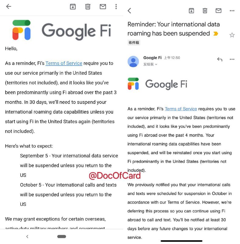 Google Fi的8月清场后续来了#GoogleFi👉🏿 虽然停止数据漫游来的比[预计的时间]晚了几天，但还是来了[DP1], [DP2], [DP3], [DP3]邮件中新提到关于下个月的语音和短信漫游可能暂时不会停： “However, we’re deferring this process so you can continue using Fi abroad to call and text. You’ll be notified at least 30 days before any future changes to your international service.”👀回顾：9月5日：停止数据漫游的最后期限到了，但大部分人还是正常使用8月5日：Google Fi清场行动升级👉🏿 @DocOfCard / 漫游卡合集