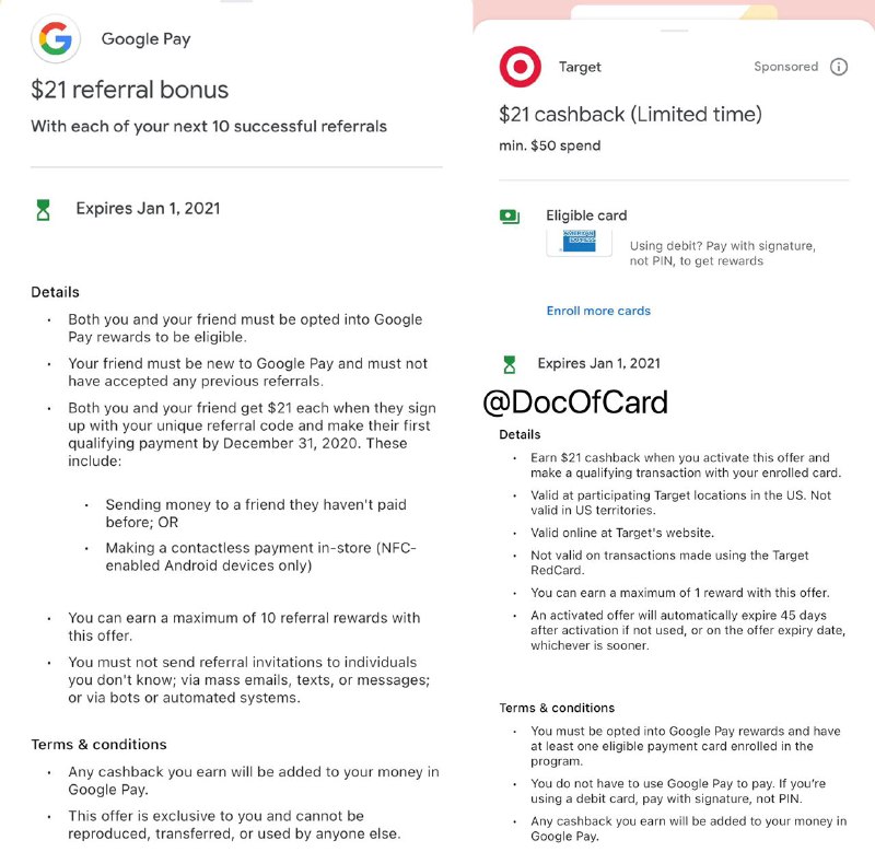 Google Pay活动：邀请新用户各得$21 5，Target消费$50返现$21#GooglePay🆕12/16更新：refer上限被偷偷改成3个了✅ 