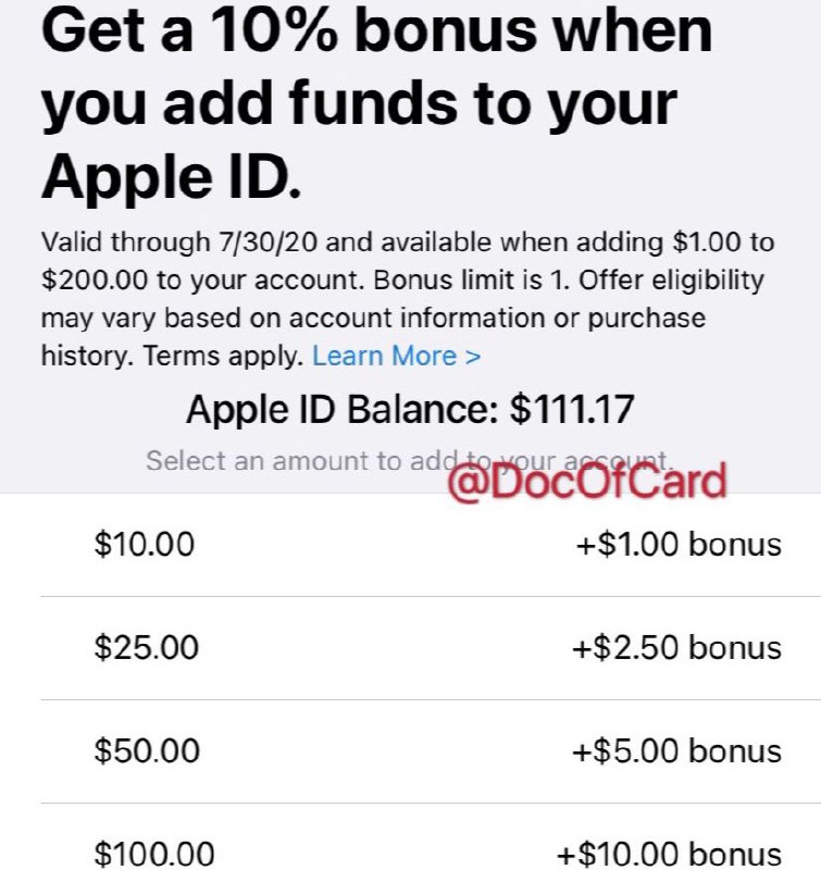 官方优惠，App Store余额充值送10%#deal #AppStore • 活动时间：7/30日之前 • 优惠仅限一次 • 充值路径：App Store → 点头像 → Add Funds to Apple ID👉🏿 @DocOfCard