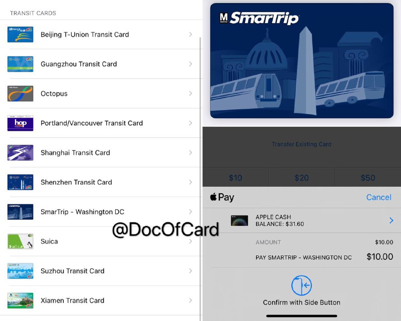 华盛顿特区SmarTrip上线支持Apple Pay#SmarTrip #ApplePay • 最低充值$10 • 不支持银联卡充值 • 可[下载APP]登记注册卡片 • 可通过APP充值余额或购买通票 • 官网： wmata.com/applepay👀相关：波特兰Hop Fastpass👀相关：洛杉矶Metro TAP👀相关：芝加哥Ventra👀相关：湾区Clipper Card👉🏿 更多 Apple Pay交通卡👉🏿 👀一些其他的汇总👉🏿 @DocOfCard