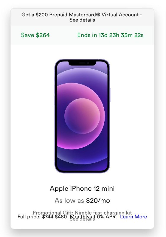 Visible iPhone 12 Mini $480返$200#Visible #iPhone更新：12小时所有颜色都抢完了准备工作： • 关闭浏览器的 广告屏蔽插件比如adblock  • (如果有)清空Visible购物车 • 准备一个用来转号的号码：可以[eBay]买 • (最好)准备好美区PayPal和美国卡开始购买： ⓵ 通过[$30邀请链接]注册Rakuten，并下载安装Rakuten的[Chrome浏览器插件] ⓶ 在Rakuten网站顶部搜索Visible，通过 $15返现链接 进入Visible购买⚠️观察浏览器插件图标状态，判断返现有没有中断⚠️ 整个购物过程必须在当前通过返现链接打开的页面中完成 ⓷ 使用优惠码 3qlJQg 首月月租降低到$5 ⓸ 配送地址和信用卡账单地址必须一致，通过PayPal付款成功率更高(不支持AmEx)⚠️注意： • Visible支持eSIM[DP]，无国际漫游 • Visible支持漫游WiFi Calling[DP][DP] • 手机无锁，无合约，可以漫游激活 [DP] • 拿到返现需要[卡放手机里]使用 8 周，按照过往经验，直接 付清2个月月租一周后即可拿到返现卡 [DP] • 注意转入的号码要在[这个列表]里 • 注意手机开机激活要用Visible的卡💹总结：iPhone 12 Mini 64G：$480 + 税- $15 Rakuten Cash Back- $30/40 Rakuten新用户奖励- $200 Prepaid Mastercard(- $25 Chase/BofA 信用卡)+ $30 Visible 月租（首月$5，Party Pay加入Reddit_Upvote组第二个月$25）= $265 + 税👉🏿 @DocOfCard