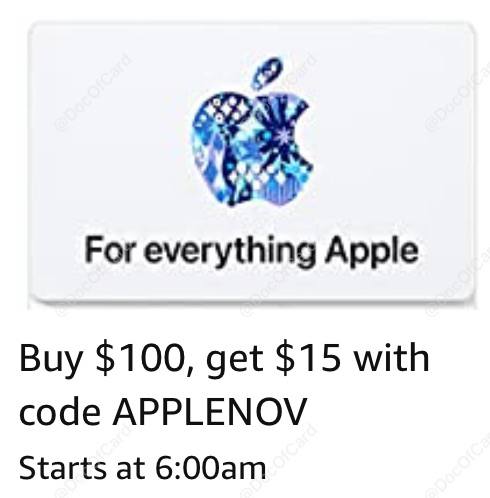 买 $100 Apple GC 送 $15 Amazon credit#Amazon #AppleGC✅ amazon.com/b/?node=2864196011活动时间：6:00am PT 11/28 • 结账时使用优惠码：APPLENOV • 可叠加 AmEx MR、Chase UR、Discover 等信用卡offer • 预计优惠码有使用次数限制，先买先得 • 优惠码每人只能使用一次 • Promotional credit will be automatically applied to your account and emailed to you within three (3) days after shipping. • Promotion code must be used by 1/16 • Promo Credit may be applied only to eligible products sold by Amazon.com Inc. • Promotion Terms👉🏿 @DocOfCard