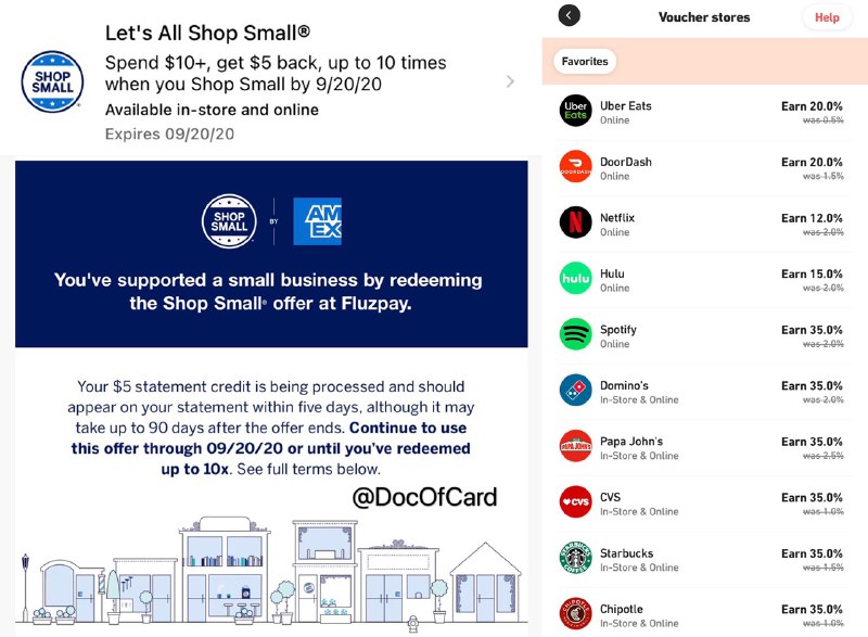 用Fluz薅AmEx Shop Small $50羊毛#AmEx #offer #Fluz🆕9/13更新：Fluz随机跳商户名问题而经常无法拿到返现，现在可以通过eGifter完成🆕更新：Amazon gc补货24小时没到又被撸光👉🏿 Fluz 重新上线Amazon gc, 还有其他很多礼品卡, 有AmEx US卡的可以去激活 Shop Small offer[list]消费满$10返$5, up to 10次 • 需要7月26日前注册，9月20日之前消费 • 注意Fluz风控比较严格👉🏿 更多介绍：