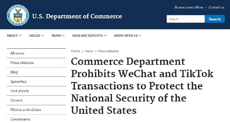 美国商务部将从20日起执行WeChat和 TikTok 禁令#WeChat #TikTok🆕6/9/21更新：美国总统拜登将于周三 (9 日) 宣布撤销对 TikTok 和微信的禁令，同时发布一项新的行政命令，要求对可能引发隐私或国安疑虑的海外 App 进行审查🆕9/19更新：[Bloomberg] 川普已同意TikTok和Oracle的合作协议👉🏿 [engadget]美国商务部正式对TikTok 和WeChat 发出 禁令：2020年9月20日起，禁止以下活动： • 通过美国的在线移动应用程序商店发布或维护WeChat或TikTok移动应用程序、其组成代码或应用程序更新的任何服务 • 通过WeChat提供的任何用于在美国境内转账或处理付款的服务2020年9月20日（微信）和2020年11月12日（TikTok）起，禁止以下行为： • 在美国境内提供互联网托管、内容分发、传输或交换服务，以实现App的功能或优化  • 在美国境内开发或可访问的软件或服务的功能中，使用上述移动应用程序的组成代码、功能或服务 👉🏿 美国政府官员表示，在周日晚些时候生效之前，TikTok的下载禁令仍然可以取消，前提是字节跳动同意出售其美国业务的协议 • 该命令将仅禁止美国境内的应用程序，美国公司仍将能够像目前一样在美国境外使用抖音和微信开展业务 • 现有用户可以继续使用微信和TiKTok，但将禁止进一步更新或新下载👀相关：微信被禁未来有可能恢复吗👉🏿 @DocOfCard