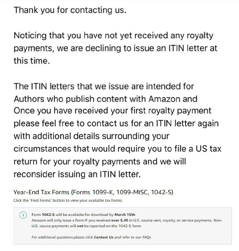 KDP Letter放水结束(成功再次被玩坏)#KDP #ITIN👉🏿 Amazon KDP在放水邮寄了几个月的ITIN Letter后不再给没有写书收入的用户寄信了👉🏿 Non-U.S. source payments will not be reported on the 1042-S form👉🏿 👀相关：ITIN介绍👉🏿 👀所有银行账户卡合集👉🏿 @DocOfCard