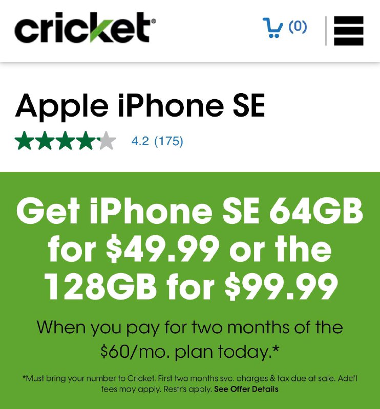 Cricket $49 iPhone SE2 需预付两个月月租#Cricket #iPhone🆕 Cricket iPhone SE 2020 价格再次降到$49，但是这次要求预付两个月租共$120，但激活后马上入组可以变成credit慢慢花👀完整优惠购买流程参考之前的推送： ✅ Cricket iPhone SE 2020 $49 • 本次优惠适合准备用满6个月后解锁的 • 预付的两个月月租共$120可以在收到手机激活plan的当天马上降级到$30月租plan，这样就可以用4个月了 • 不要忘记通过 Rakuten返现网站 去购买 • 不要忘记使用Refer code注册 • prepaid没有合约要求，SSN填0000👉🏿 @DocOfCard