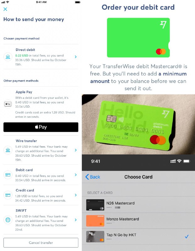 Wise介绍(原TransferWise)#TransferWise #Wise🆕3/14/21更新：Wise德区开始封禁使用商业地址的用户，要求提供地址证明解封 [DP]🆕2/26/21更新：群友 [DP] 一种通过转账间接开通Wise账号的方法，登录时需要kyc（护照和手持护照拍照）🆕2/21/21更新： TransferWise在IPO前改名为Wise ，新域名：wise.com 👉🏿 用来在各国银行账户间转账的工具 • 注意G点非常高，紧急转账不要用 [DP] • 注册流程很简单(非大陆ip) • 通过邀请链接注册可获得首次转账最多£500 手续费优惠，直接注册无优惠 • 可以护照/Photo ID认证 • 可能会要求提供地址证明(银行账单) • 提供多国银行账户和多种货币兑换 • 支持错名转账到别人银行卡账户 • 支持多种方式充值：Wire、Debit/Credit、Apple Pay、Direct debit  [DP] 、Visa Direct，不支持AE和内地发行的所有卡 • 支持Apple Pay：美国、新加坡、澳大利亚或EEA发行的卡 • 支持Google Pay • 🆕2/26/21更新：现在支持3张虚拟卡，可随时开通和注销 [DP] • 🆕2/4/21更新：新出Visa卡 [DP] • 提供美元Checking(084开头)支持DD绑定PayPal和AmEx等信用卡还款 [官网] [DP] [DP] (026老帐户不支持，但可以联系客服升级084开头支持DD的新帐户 [DP] ) • MasterCard BIN：美国 535713，澳洲 535240，新加坡 530068，欧洲 537434 [DP]，日本 539033 [DP] ，英国 53743400，德国 53743430 [DP] • Visa BIN：英国 459661，新加坡459695，西班牙 456933 [DP] 👉🏿 Check the list of countries where TransferWise deliver cards. 👉🏿 @DocOfCard / 银行账户卡合集