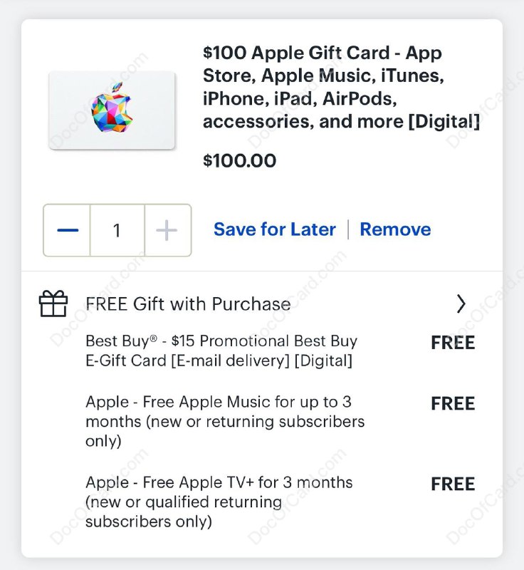 #Bestbuy #Apple #BlackFriday$100 Apple Gift Card + $15 Best Buy e-Gift Card $100✔️ bestbuy.com/site/sku/6421951.p • 仅限购买一个 • 送 3 个月 Apple Music (new only) • 送 3 个月 Apple TV + (new only) • Email Delivery 发送到邮箱无需配送 • 可充值到 Apple Account ，可 App Store (US) 消费，也可在 Apple Store (US) 使用✔️@DocOfCard / DocOfCard.com