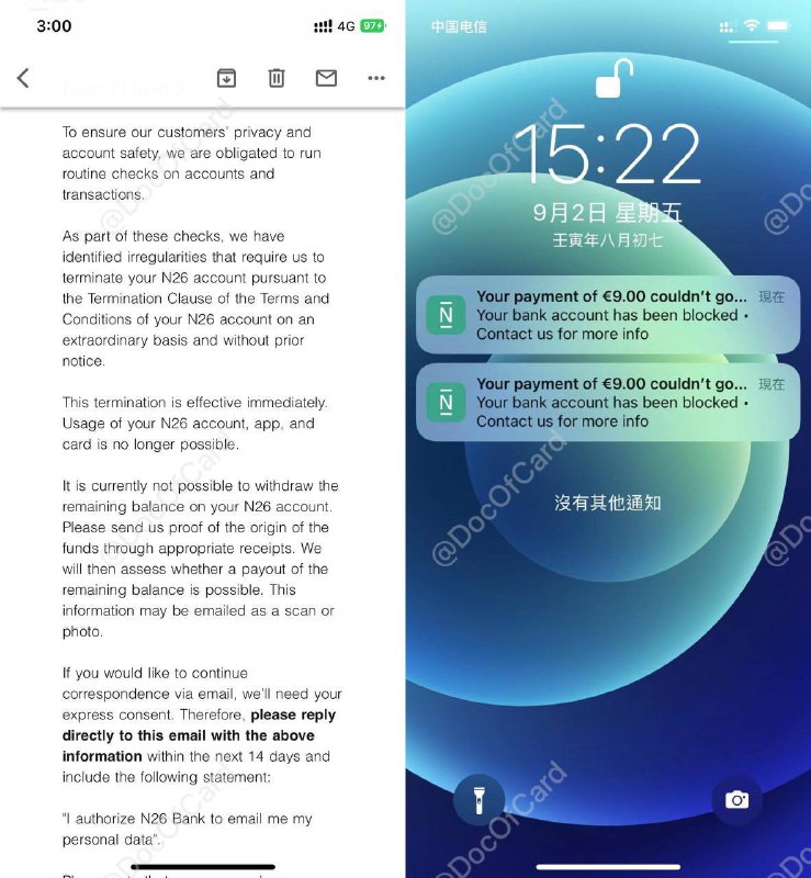N26以违规行为理由关闭部分用户账户#N26🆕5/22更新： 去年 N26大批量杀户，上个月 N26来邮件，提交欧洲的银行账户退款余额，提供了银行账户信息和银行月结单，最近收到退款了 [DP]🆕N26杀疯了，每周都有群友被清退 • N26今日关闭了部分用户的账户，理由是「违规行为」，且需要提供资金来源证明才能拿回账户中的余额 [DP] [DP2] [DP3] • 目前不清楚具体关户原因是什么，有一种猜测是和最近大陆外管局限制了N26大陆卡直接充值，造成N26出现大量充值失败有关 • 群友制作的N26清退统计 • 统计结果🫰@DocOfCard