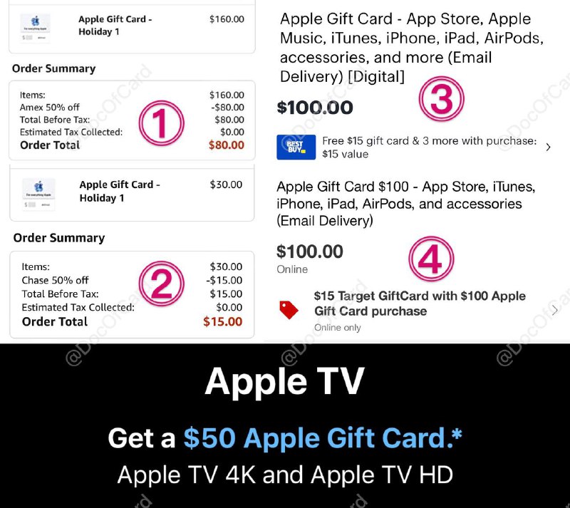 2021 Apple TV 4K（最低$55到手）#Amazon #AppleStore #AppleTV #BlackFriday1）先购买 Apple Gift Card：⓵⓶ Amazon Apple GC：配合 AmEx MR、Chase UR 等点数折扣offer⓷ Best buy Apple GC $100送 $15 BB GC⓸ Target Apple GC $100 送 $15 Target GC2）充值到 Apple ID后参加以下活动购买： • Apple Store：$50 GC for Apple TV $199👀相关：Amazon也有Apple TV 4K折扣： • 64G $169.99 (save $30) • 32G $159.99 (save $20)👉🏿 @DocOfCard